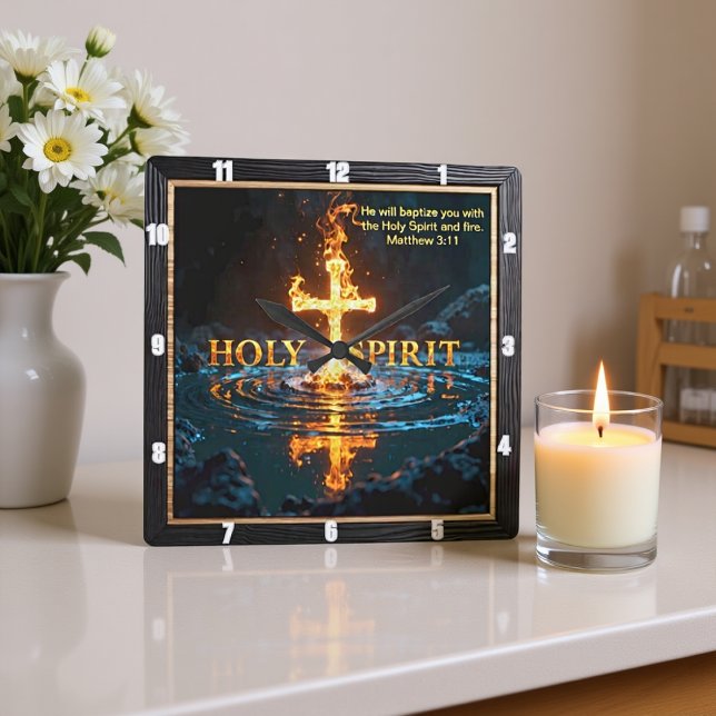 Flame Cross Water Reflection Spirit Matthew 3:11 Square Wall Clock (Creator Uploaded)