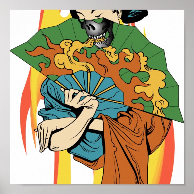 Flame Fire Skull Geisha Print (Front)
