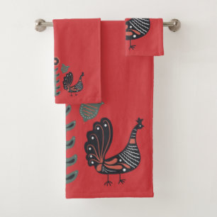 Flame Red and Scandinavian Pattern Bath Towel Set