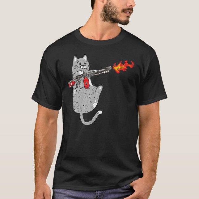 Flame Thrower Cat Flamethrower Fire Weapon Kitty T-Shirt (Front)