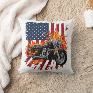 Flamed bike by American flag Cushion