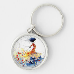Flamenco Dancer in Flowing Multicolored Motion #1 Key Ring