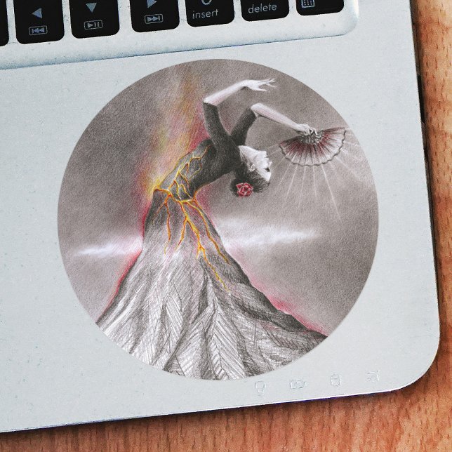Flamenco dancing woman volcano surreal pencil art classic round sticker (Creator Uploaded)