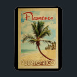 Flamenco Palm Tree Vintage Travel Magnet<br><div class="desc">A uniquely retro mid-century modern Flamenco Puerto Rico art print in vintage travel poster style. It features a curved palm tree on sandy beach with ocean under a blue cloudy sky.</div>