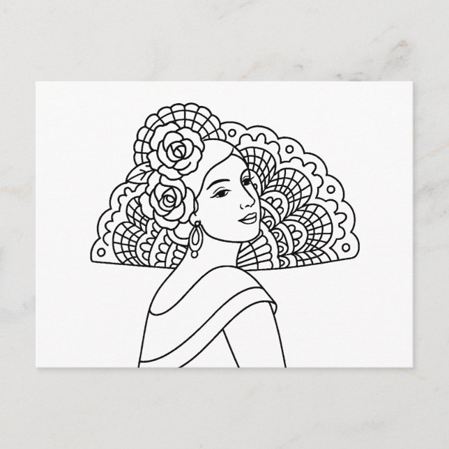 Flamenco Spanish Lady With Fan Ink art Drawing Holiday Postcard (Front)