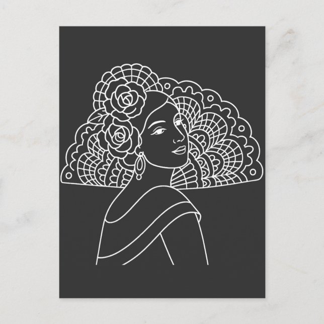 Flamenco Spanish Lady With Fan Ink art Drawing Postcard (Front)