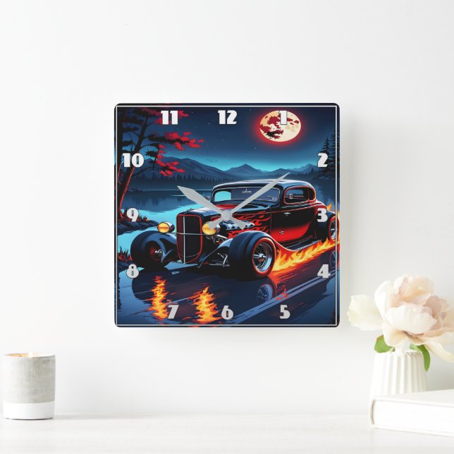 Flames and moonlight dance over a classic hot rod square wall clock (Home)