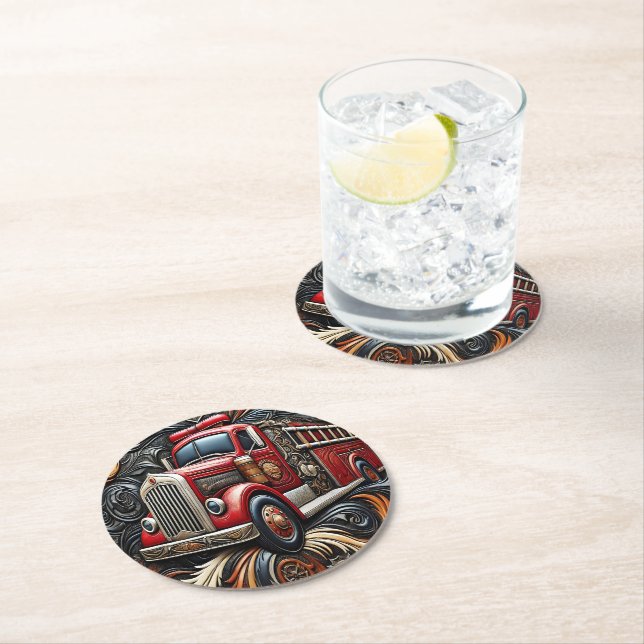 Flames and Truck Leather Art Round Paper Coaster (Insitu)