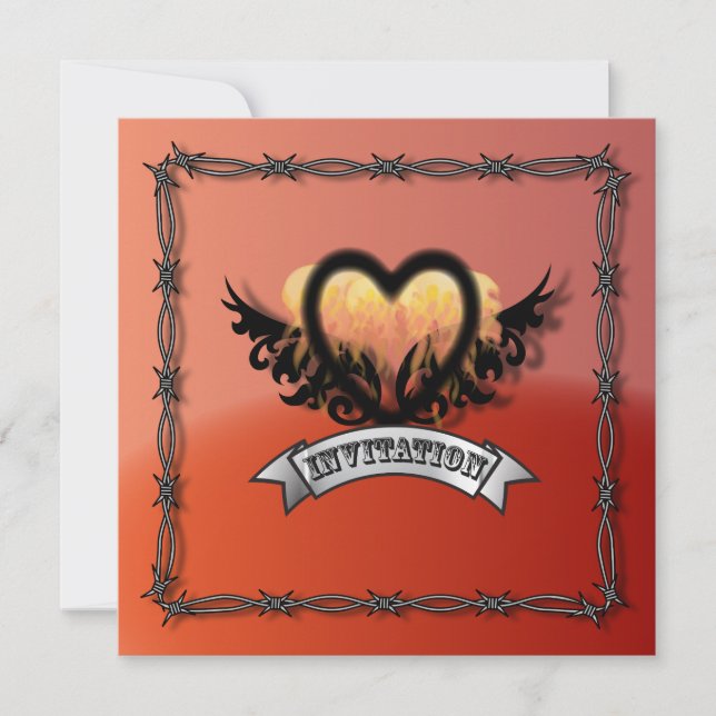 Flames Heart Rock N Roll Biker Wedding Invitation (Front)