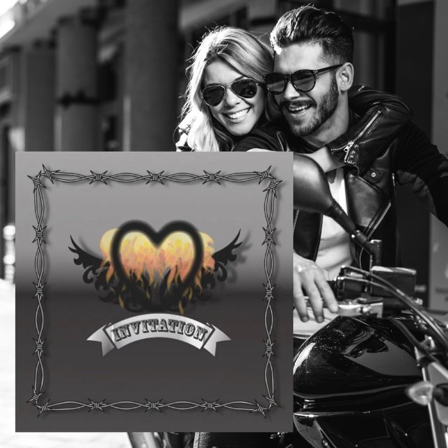 Flames Heart RockNRoll Biker Wedding Invitation (Flames Heart RockNRoll Biker Wedding Invitation)