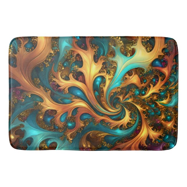 Flames of Color: Teal, Gold, Orange Fractal Dance Bath Mat (Front)