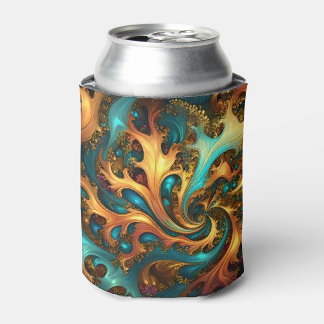 Flames of Color: Teal, Gold, Orange Fractal Dance Can Cooler (Can Front)