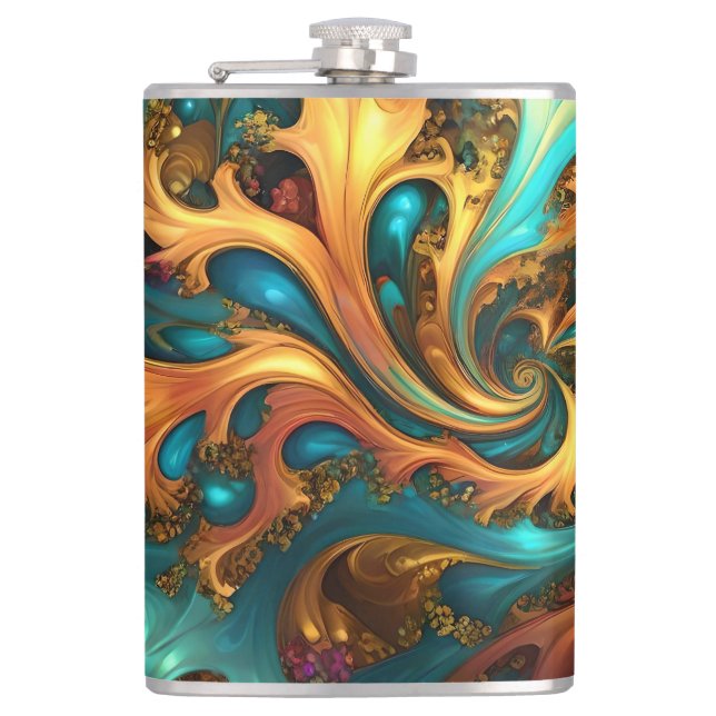 Flames of Color: Teal, Gold, Orange Fractal Dance Hip Flask (Front)