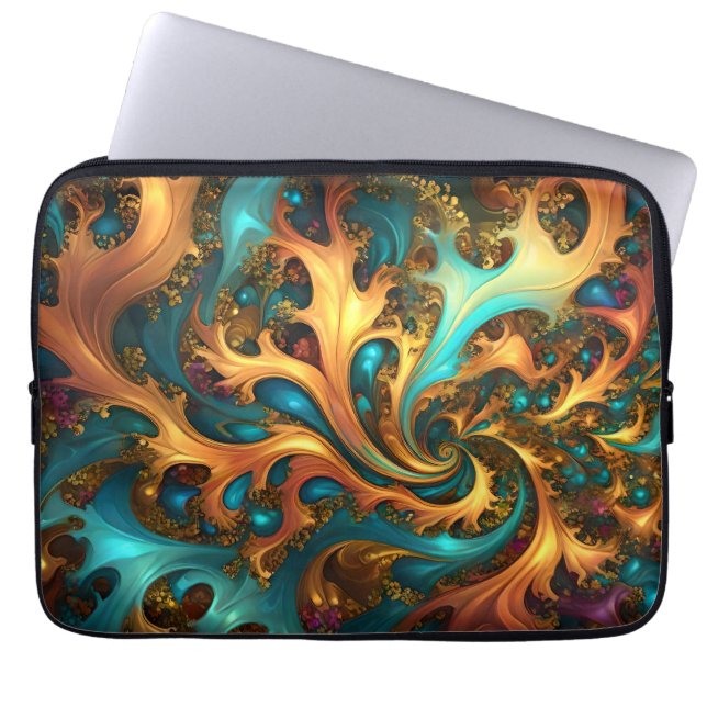 Flames of Color: Teal, Gold, Orange Fractal Dance Laptop Sleeve (Front)