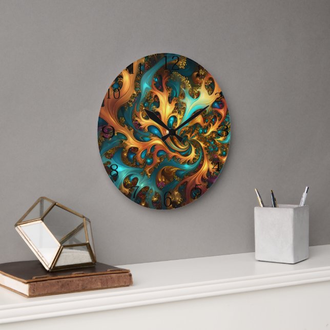 Flames of Color: Teal, Gold, Orange Fractal Dance Large Clock (Office)