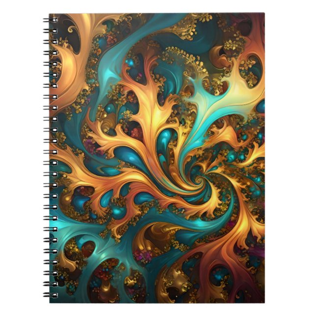 Flames of Color: Teal, Gold, Orange Fractal Dance Notebook (Front)