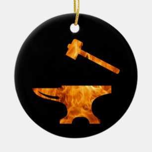 Flaming Anvil & Hammer Blacksmith Metalworking Ceramic Tree Decoration