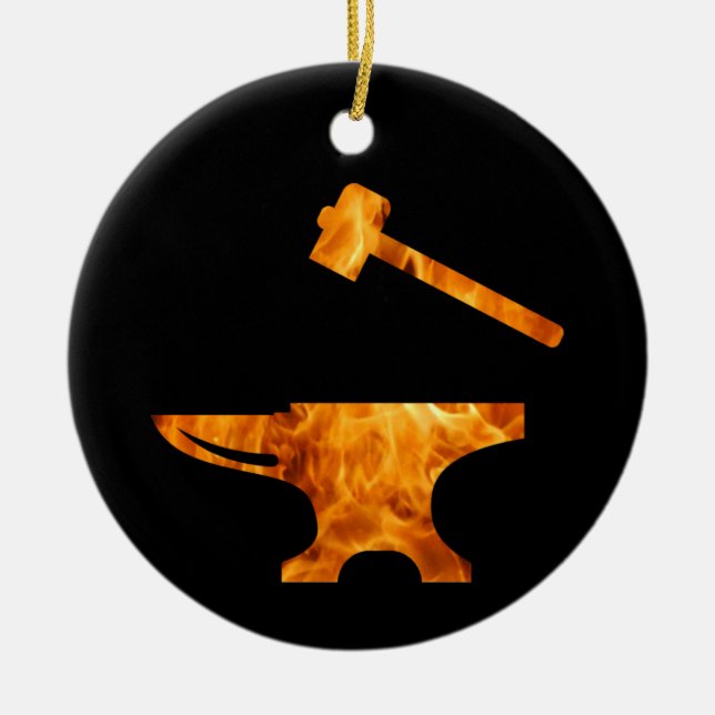 Flaming Anvil & Hammer Blacksmith Metalworking Ceramic Tree Decoration (Front)