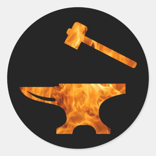 Flaming Anvil & Hammer Blacksmith Metalworking Classic Round Sticker (Front)