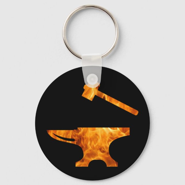 Flaming Anvil & Hammer Blacksmith Metalworking Key Ring (Front)