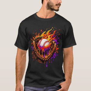 Flaming Baseball Glove Drip T-Shirt