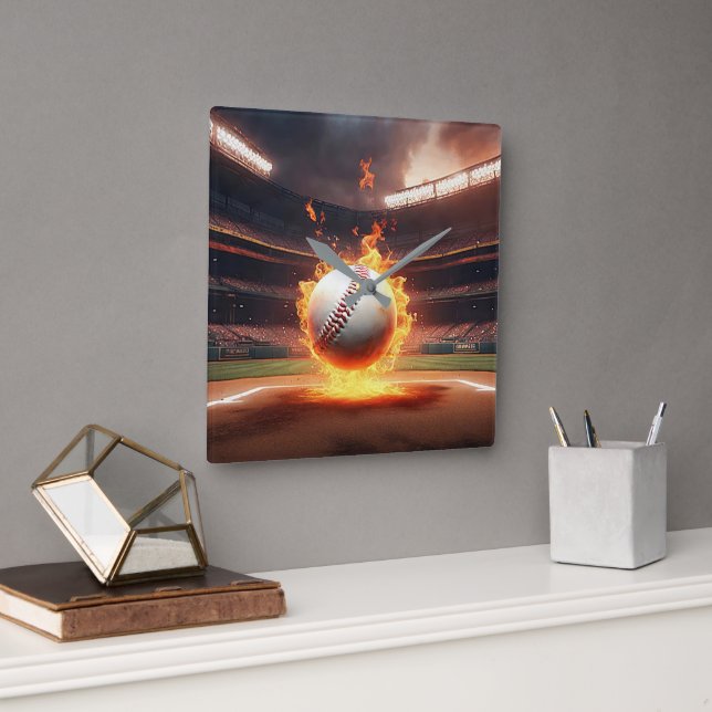 Flaming Baseball In Stadium Square Wall Clock (Office)