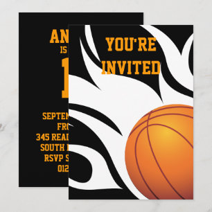 Flaming Basketball Birthday B/W Party Invitation