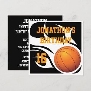 Flaming Basketball Birthday BW Party Invitation