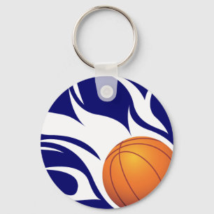 Flaming Basketball Blue and White Key Ring