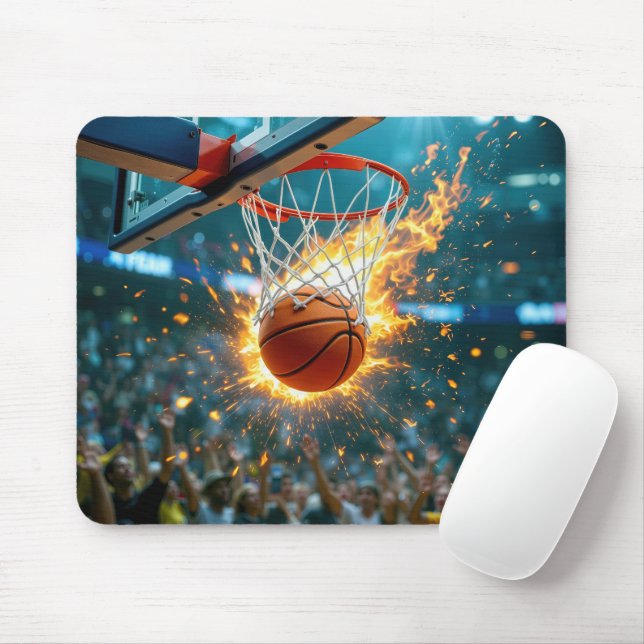 Flaming Basketball In the Net Mouse Mat (With Mouse)