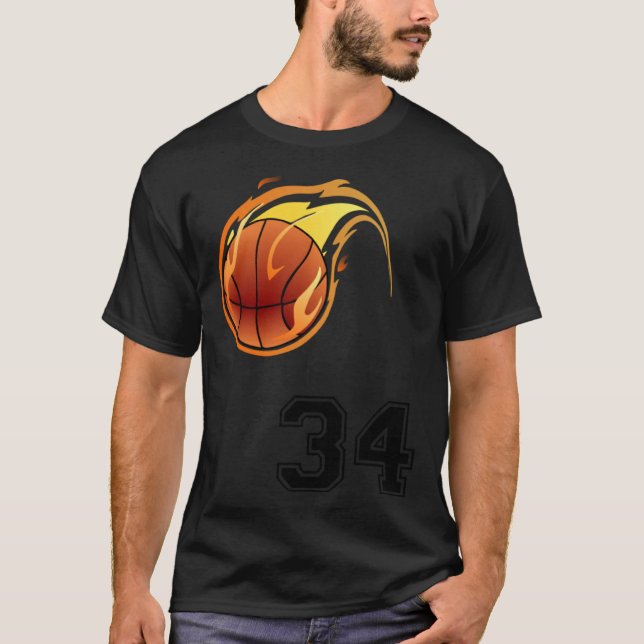 Flaming Basketball with Number 34 on the Front and T-Shirt (Front)