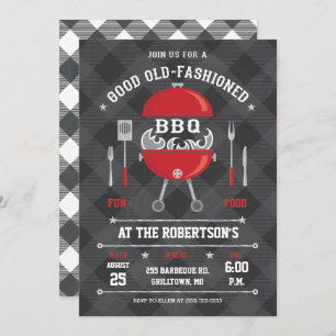 Flaming BBQ Grill Invitation, Chalkboard / Gingham Invitation