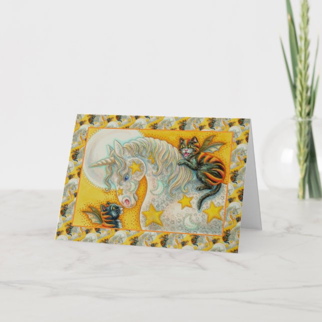 FLAMING BLACK CATS WITH HALLOWEEN UNICORN Colourfu Holiday Card (Front)