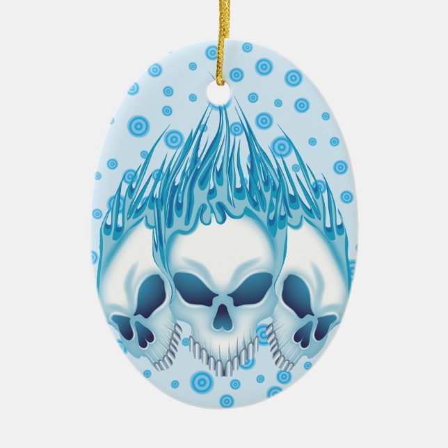 Flaming Blue Skulls Ceramic Tree Decoration (Front)