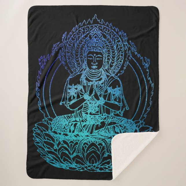 Flaming Buddha in Teal and Blue Sherpa Blanket (Front)