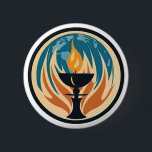 Flaming Chalice 6 Cm Round Badge<br><div class="desc">The flaming chalice is a powerful image for many people. With many variations,  it has been adopted by spiritual seekers of many religious persuasions,  among them Unitarian Universalists,  as a symbol of their faith.</div>