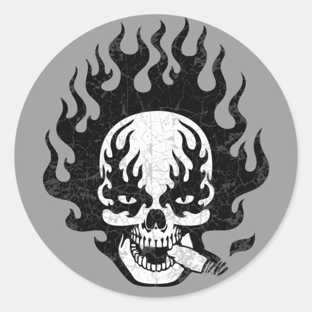 Flaming Cigar Skull -bw Classic Round Sticker (Front)