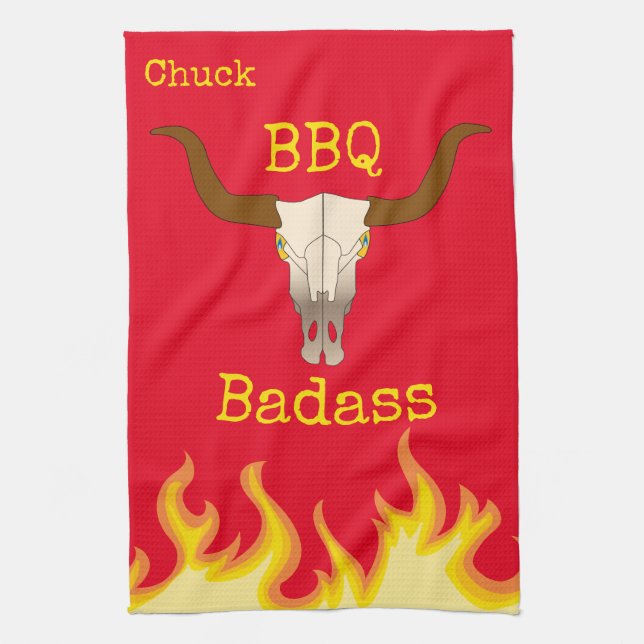 Flaming Cow Skull BBQ Badass Tea Towel (Vertical)