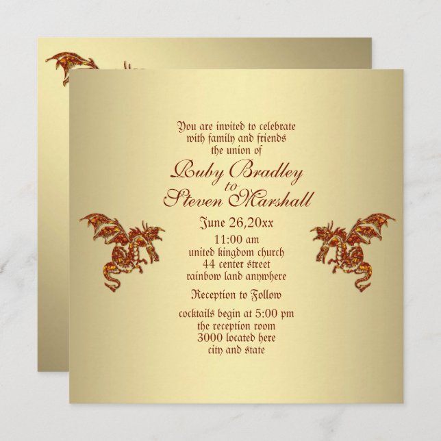  Flaming Dragon Golden Fantasy Wedding Theme Invitation (Front/Back)