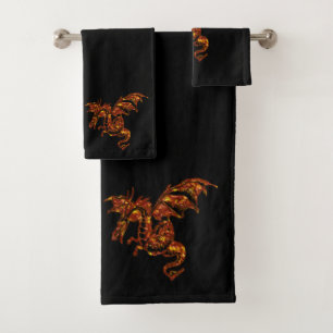Flaming Dragon on Black Bath Towel Set
