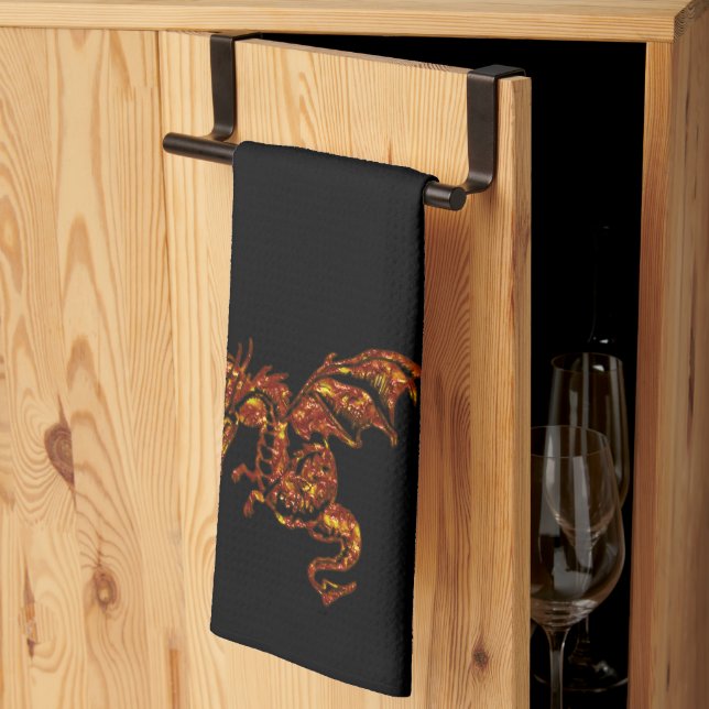 Flaming Dragon on Black Tea Towel (Thirds Fold)