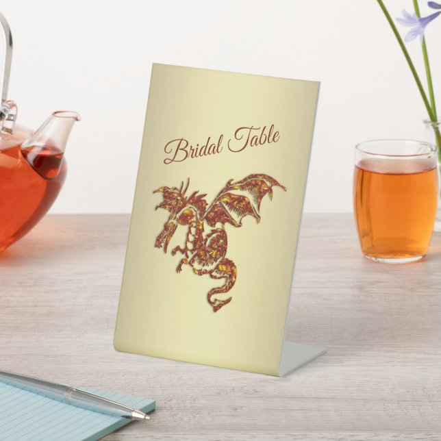Flaming Dragon on Gold Bridal Table Pedestal Sign (In SItu)