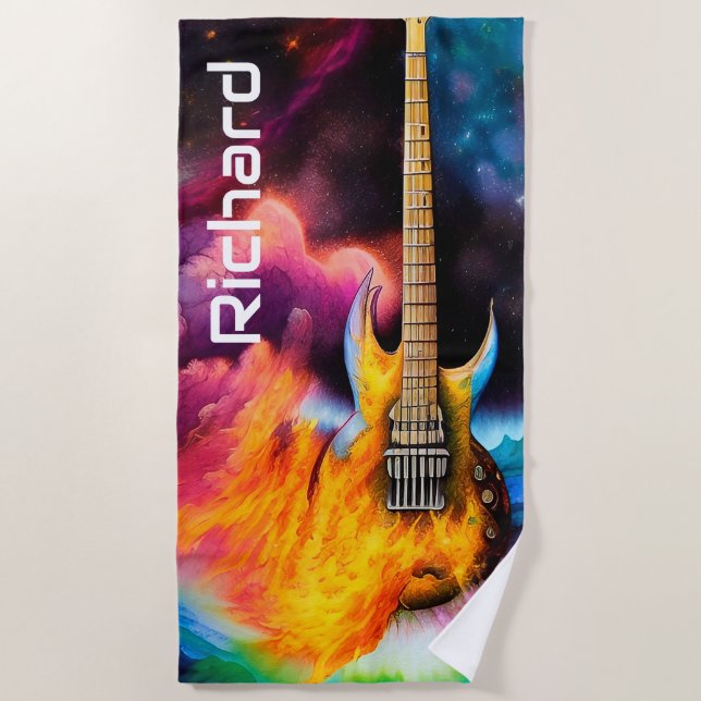 Flaming Electric Guitar Beach Towel (Front)