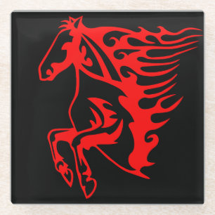Flaming Fire Red Bronco Mustang Wild Horse Glass Coaster