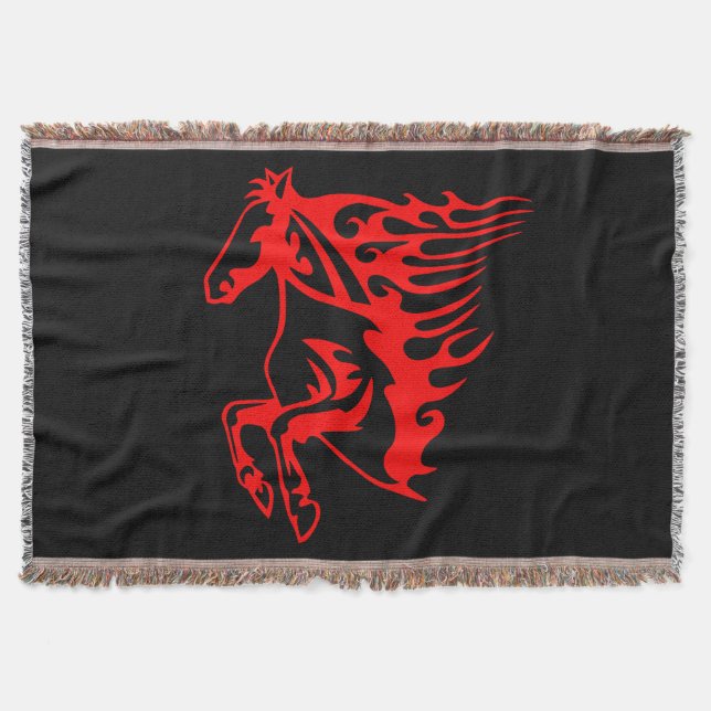 Flaming Fire Red Bronco Mustang Wild Horse Throw Blanket (Front)