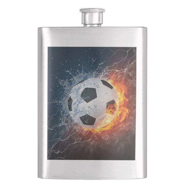 Flaming Football/Soccer Ball Throw Pillow Hip Flask (Front)
