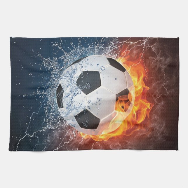 Flaming Football/Soccer Ball Throw Pillow Tea Towel (Horizontal)