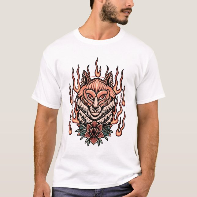 Flaming fox with roses tattoo design T-Shirt (Front)