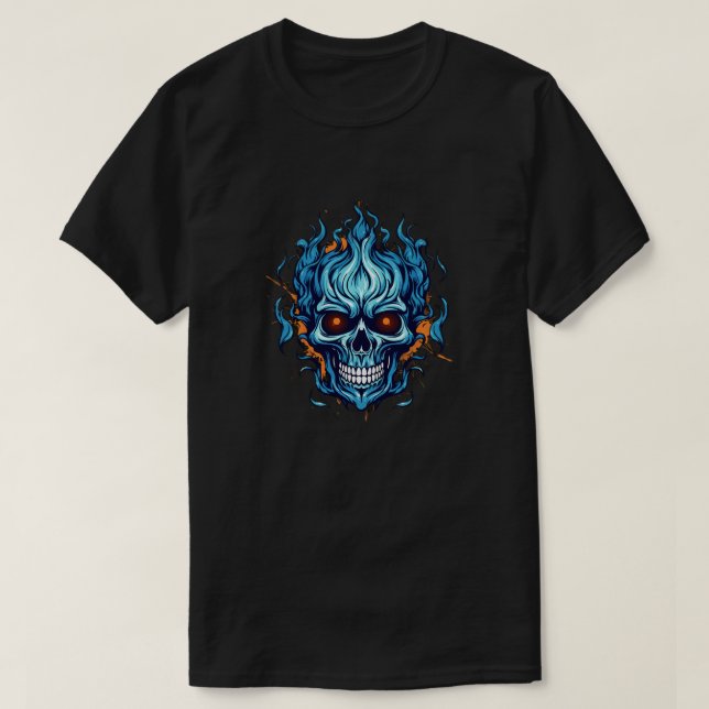 Flaming Fury Skull Shirt – Blue Flame Skull Graphi (Design Front)