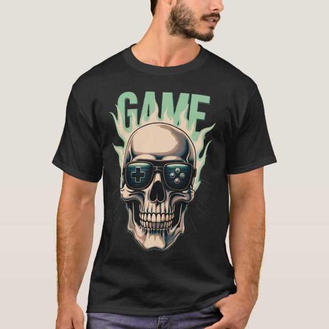 Flaming Gamer Skull – Retro Gaming Power Design T-Shirt (Front)